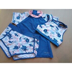 Girls 7/8 Blue 3 Piece Swim Set Swim Suit Rash Guard Boy Short Eddie Bauer